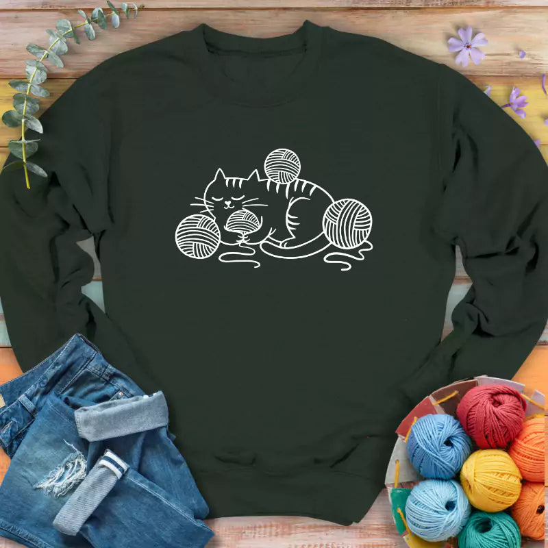 cat and yarn sweatshirt forest green