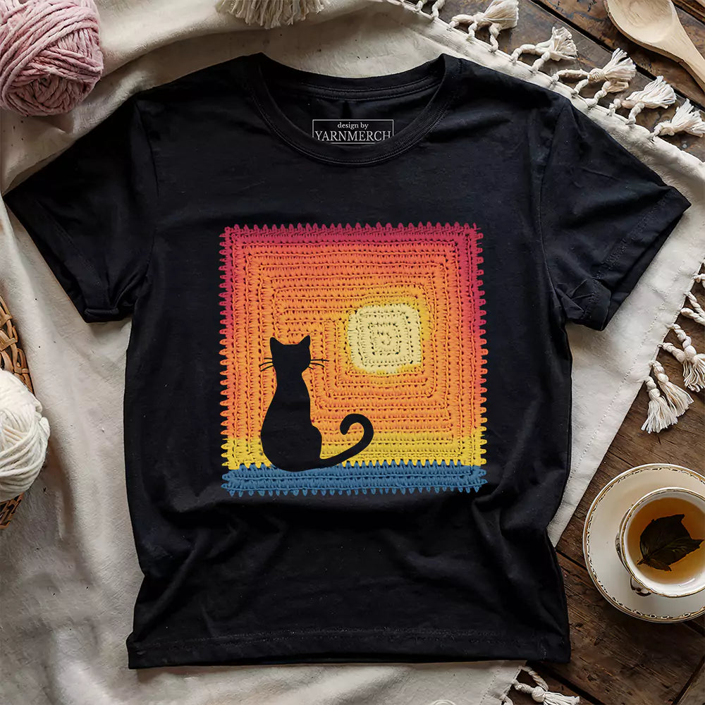 cat granny square t shirt black