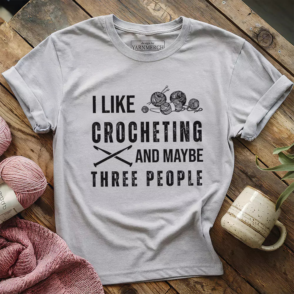 crochet and three people t shirt athletic heather
