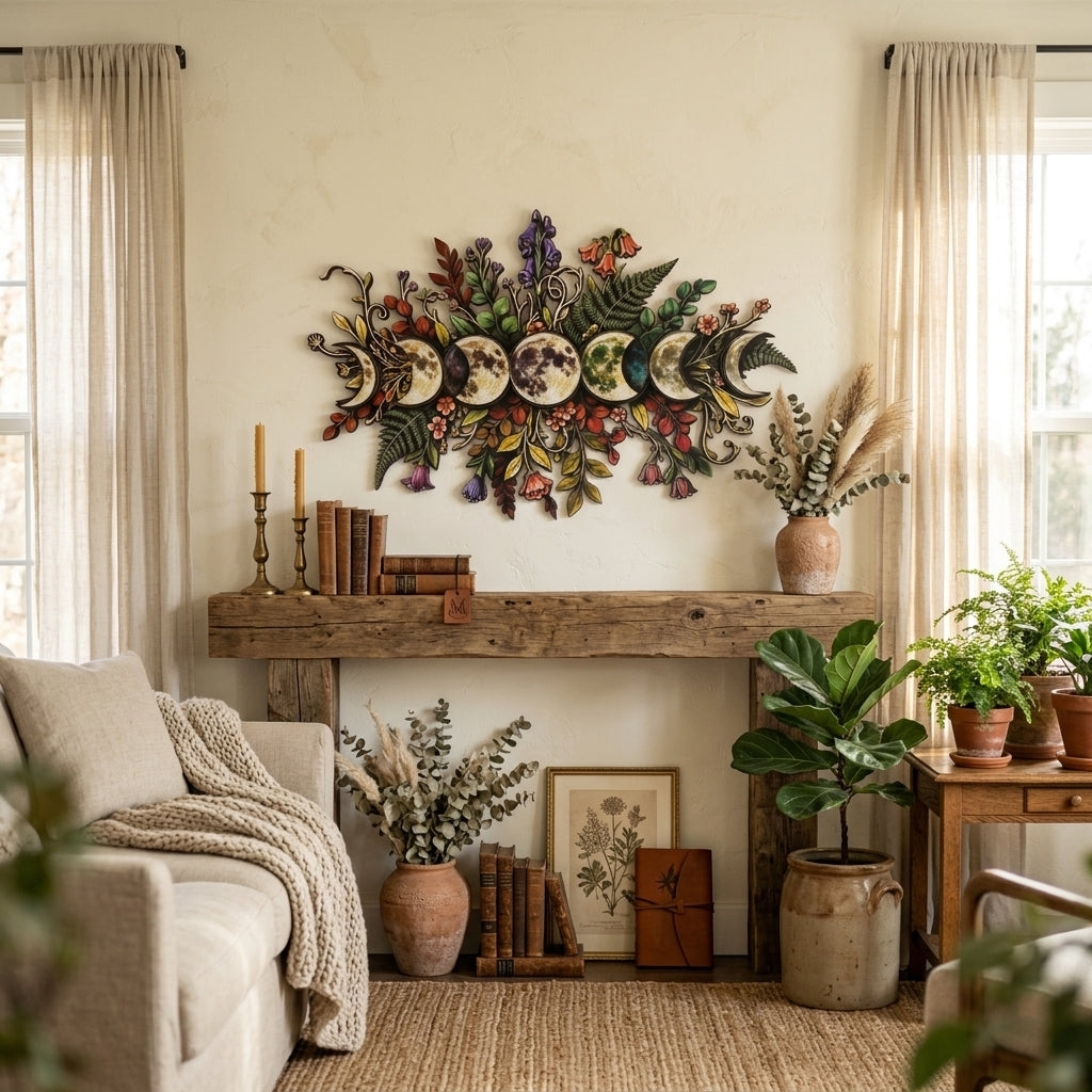 floral moon phase wooden wall art