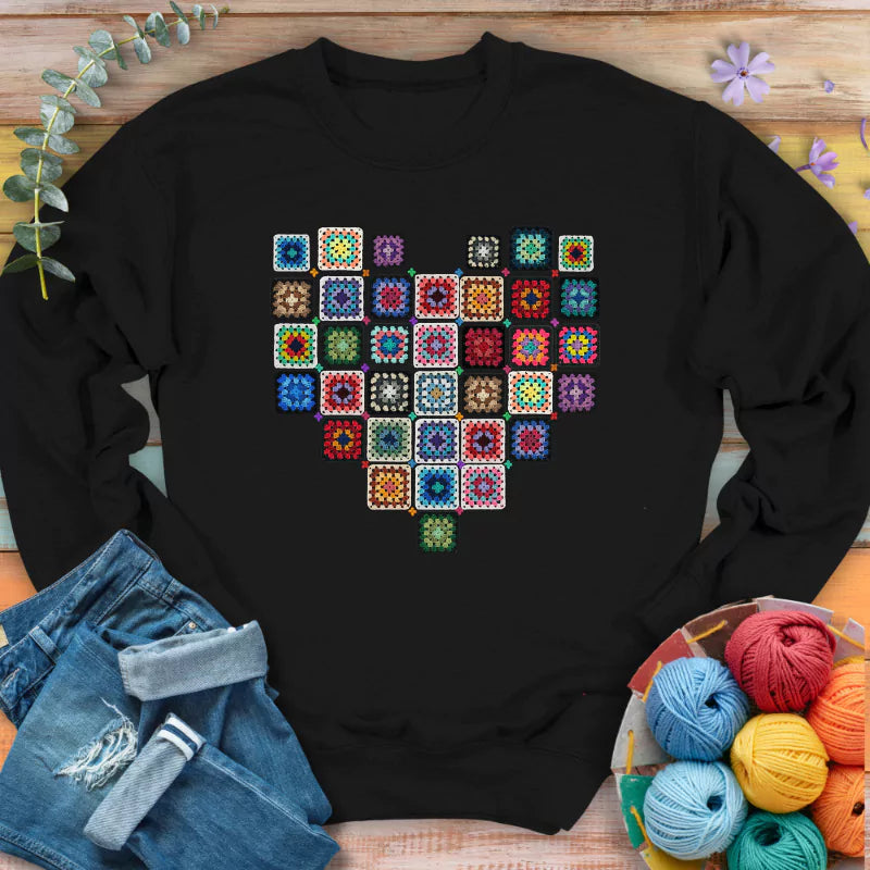 granny squares heart sweatshirt black
