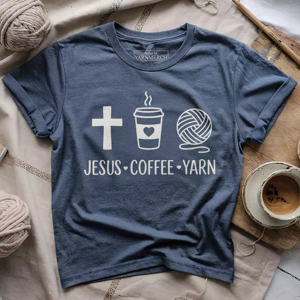 jesus coffee and yarn t shirt heather navy