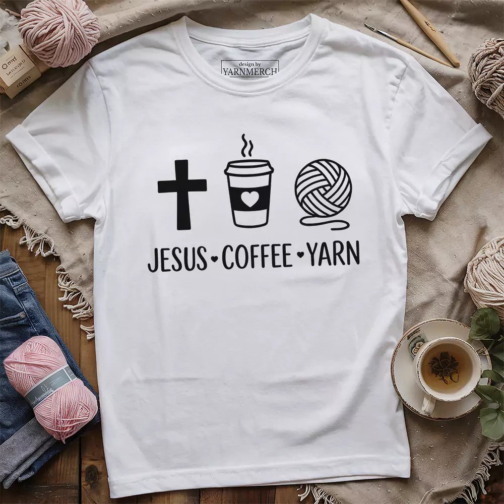 jesus coffee and yarn t shirt white