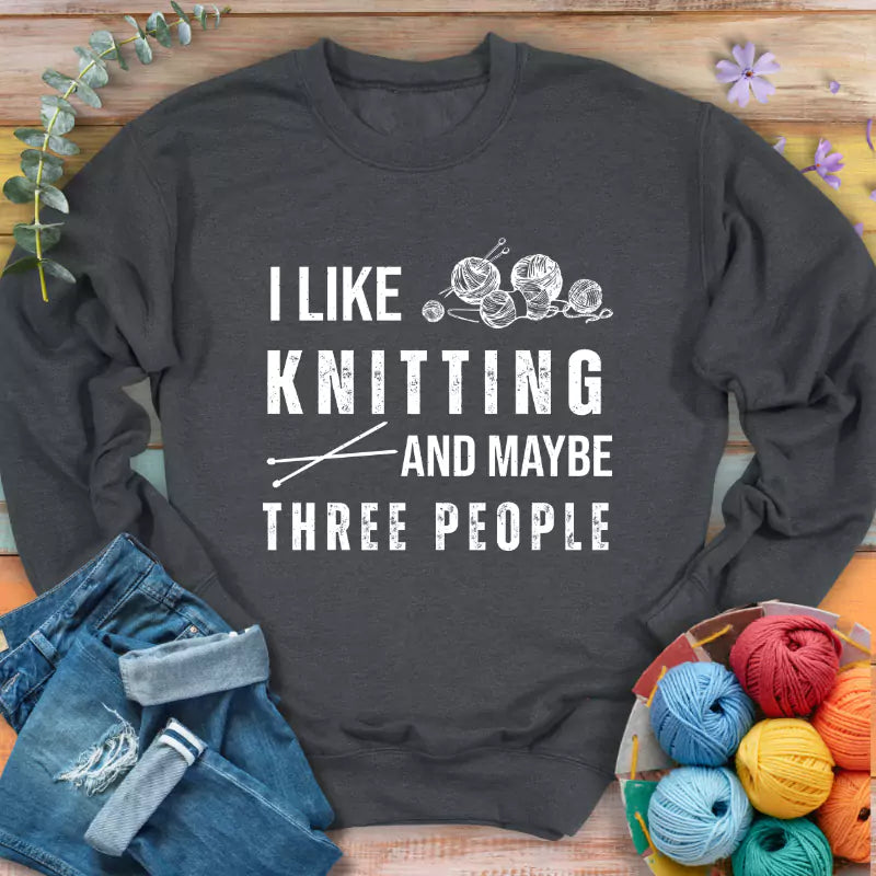 knitting 3 people sweatshirt dark heather