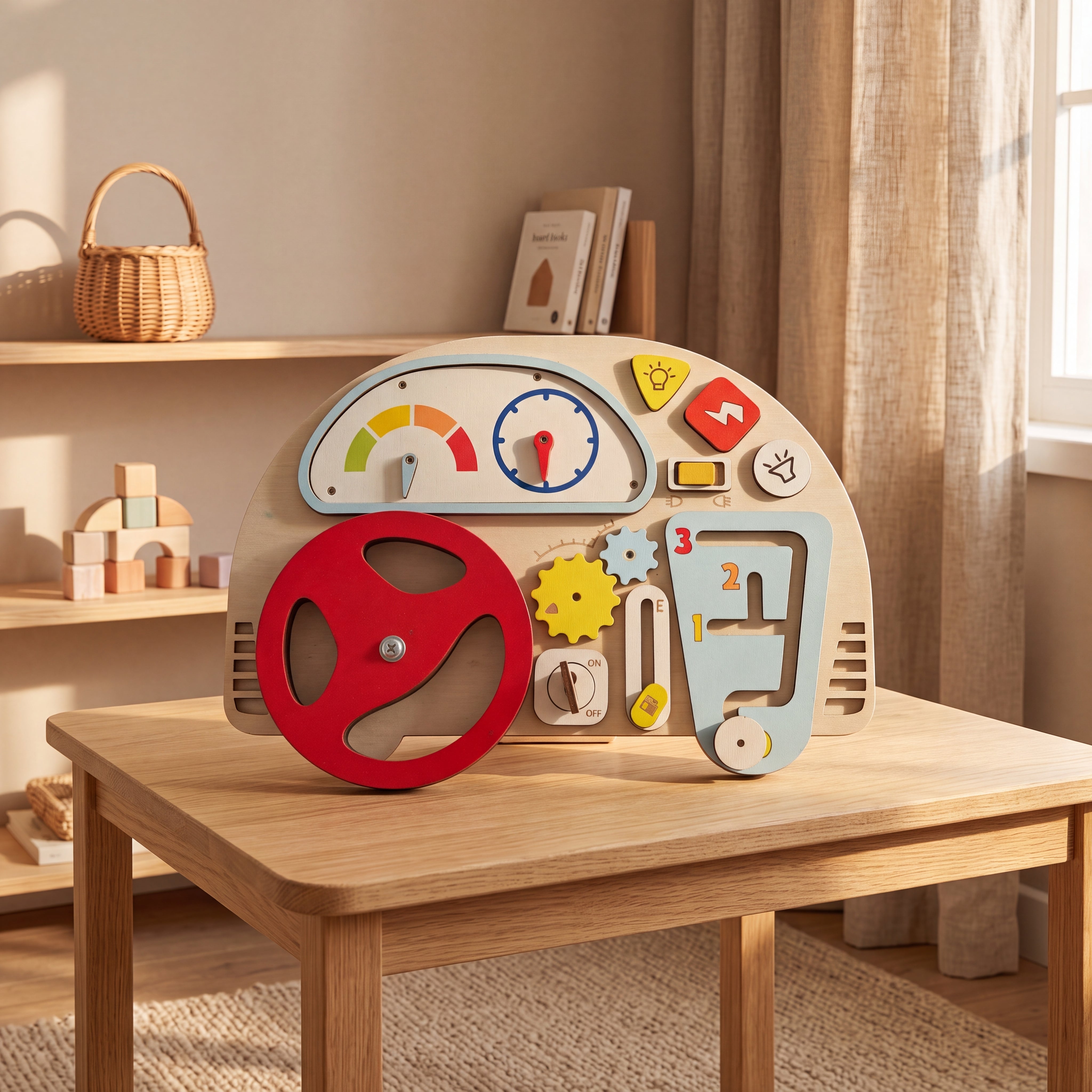 montessori car busy board wooden steering wheel toy main
