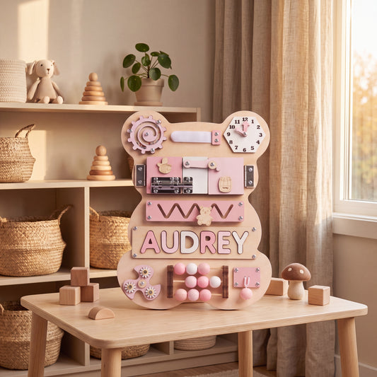 personalized bear busy board montessori wooden toy