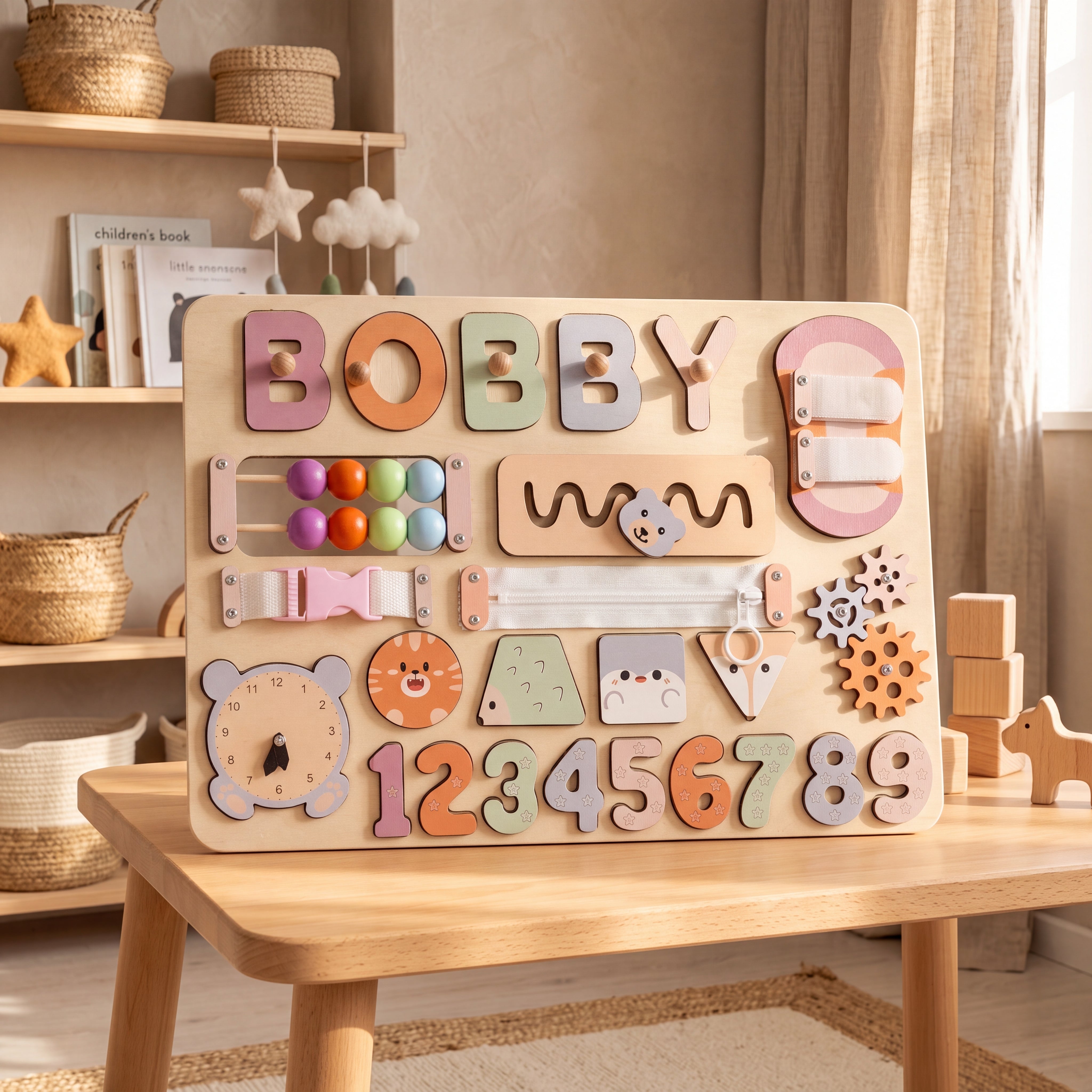 personalized wooden busy board lifestyle