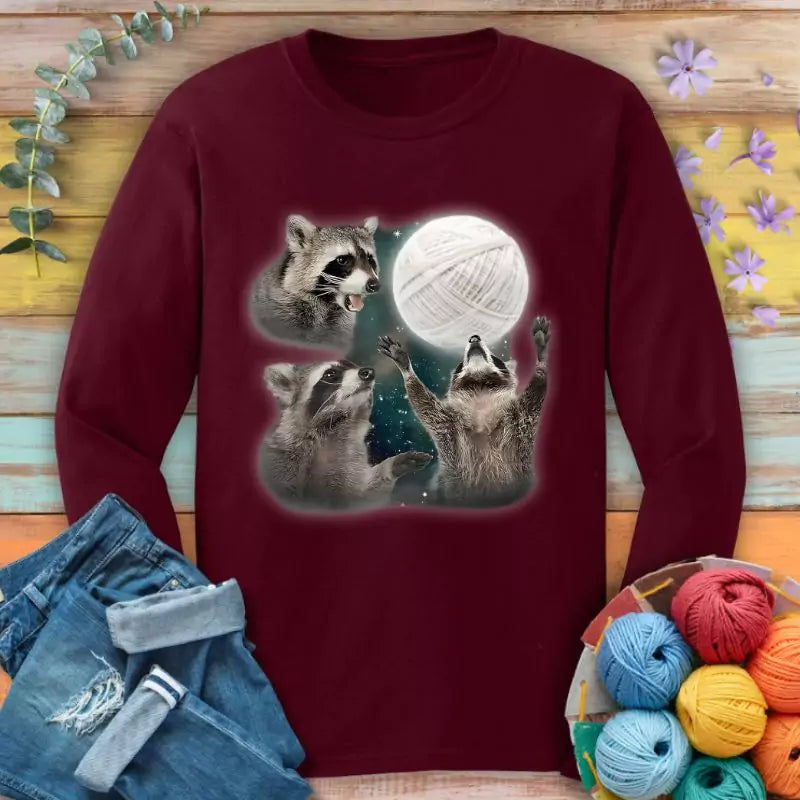 racoon and yarn ball long sleeve maroon