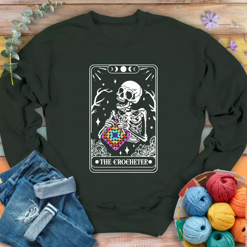 skeleton crocheter tarot sweatshirt forest green