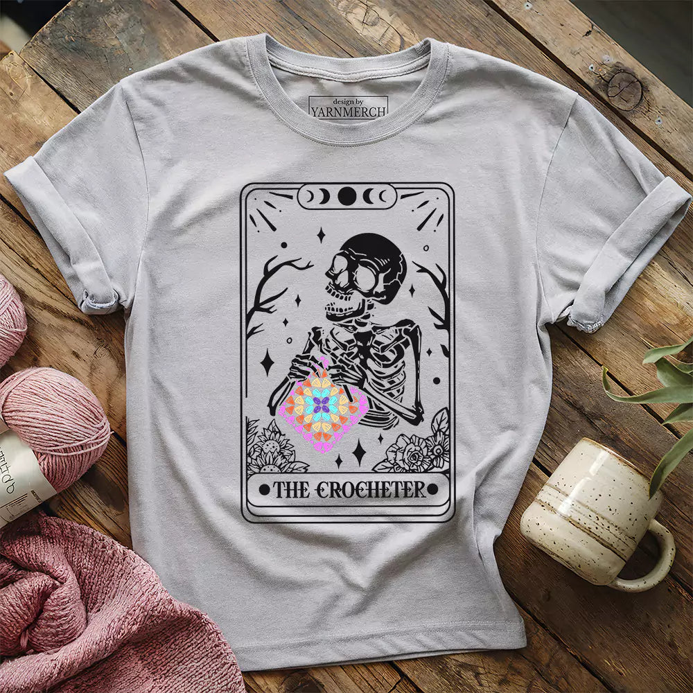 skeleton crocheter tarot t shirt athletic heather