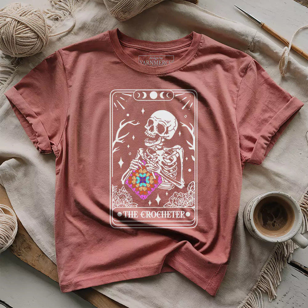 skeleton crocheter tarot t shirt heather mauve