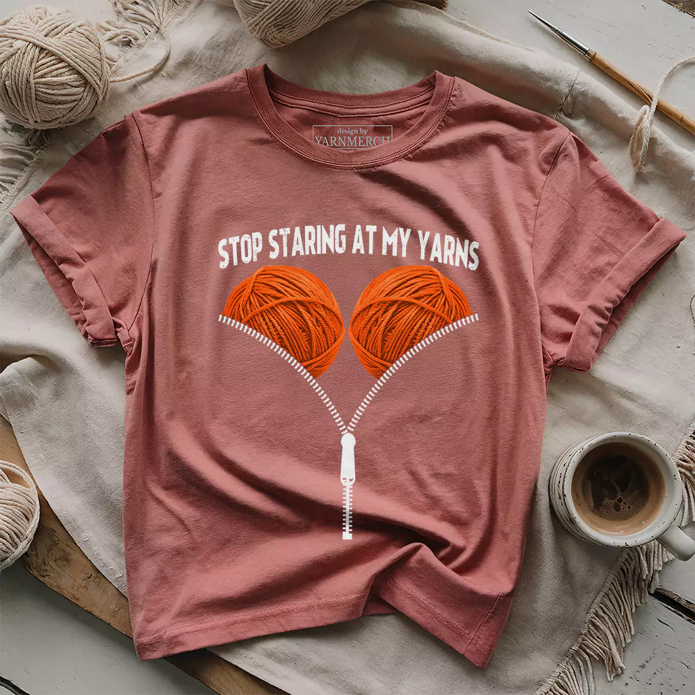 staring at my yarn t shirt heather mauve