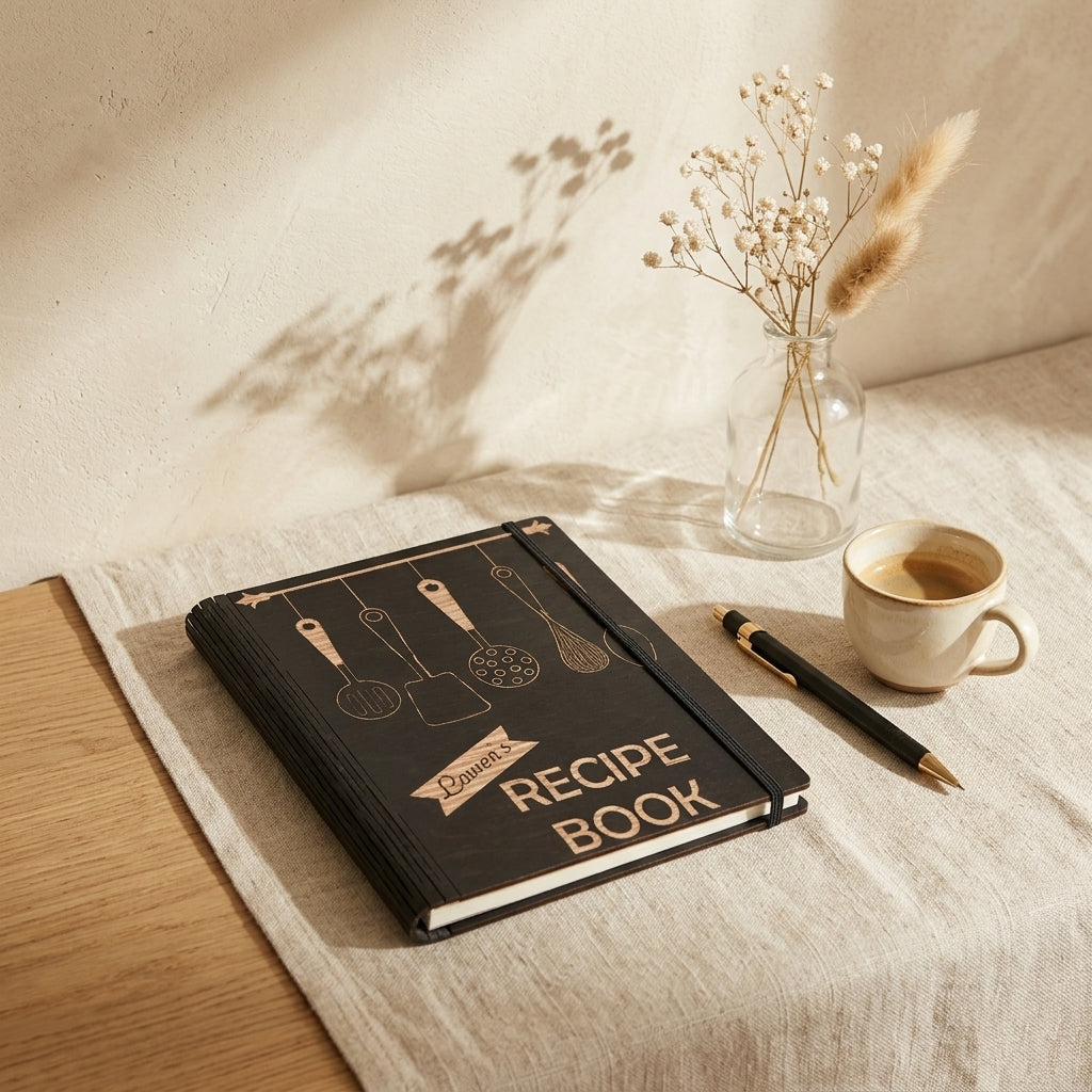 Black wooden recipe book living