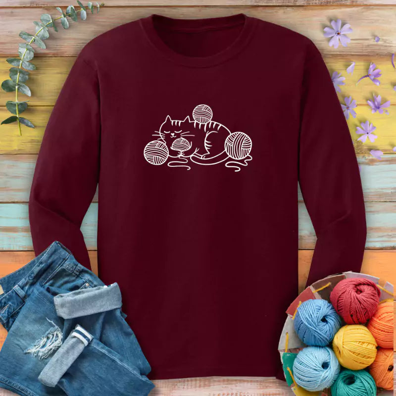 cat and yarn long sleeve maroon