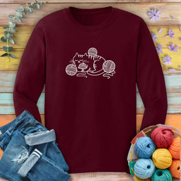 cat and yarn long sleeve maroon