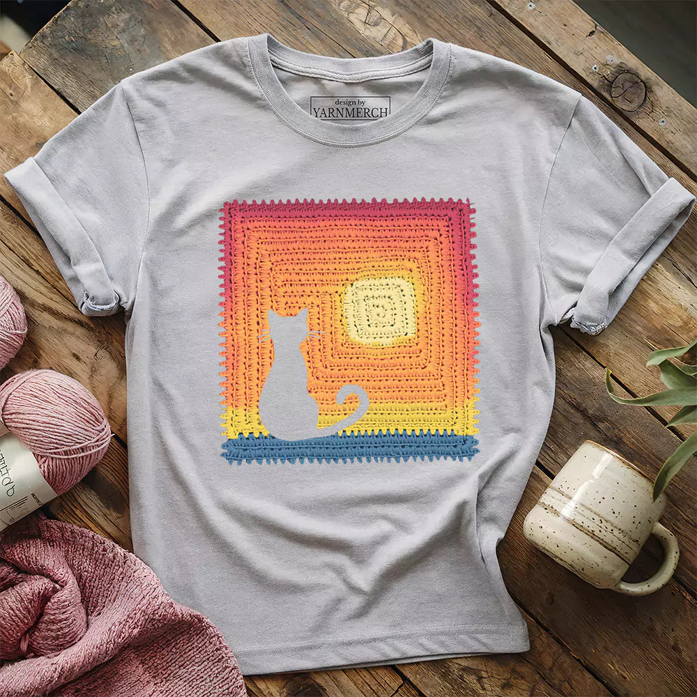 cat granny square t shirt athletic heather