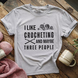 crochet and three people t shirt athletic heather