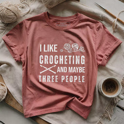 crochet and three people t shirt heather mauve