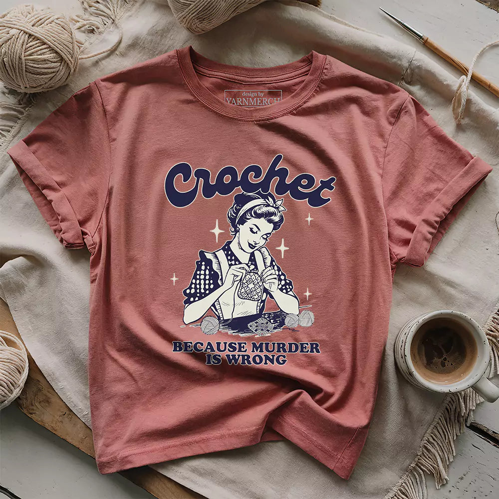 crochet not murder t shirt heather mauve