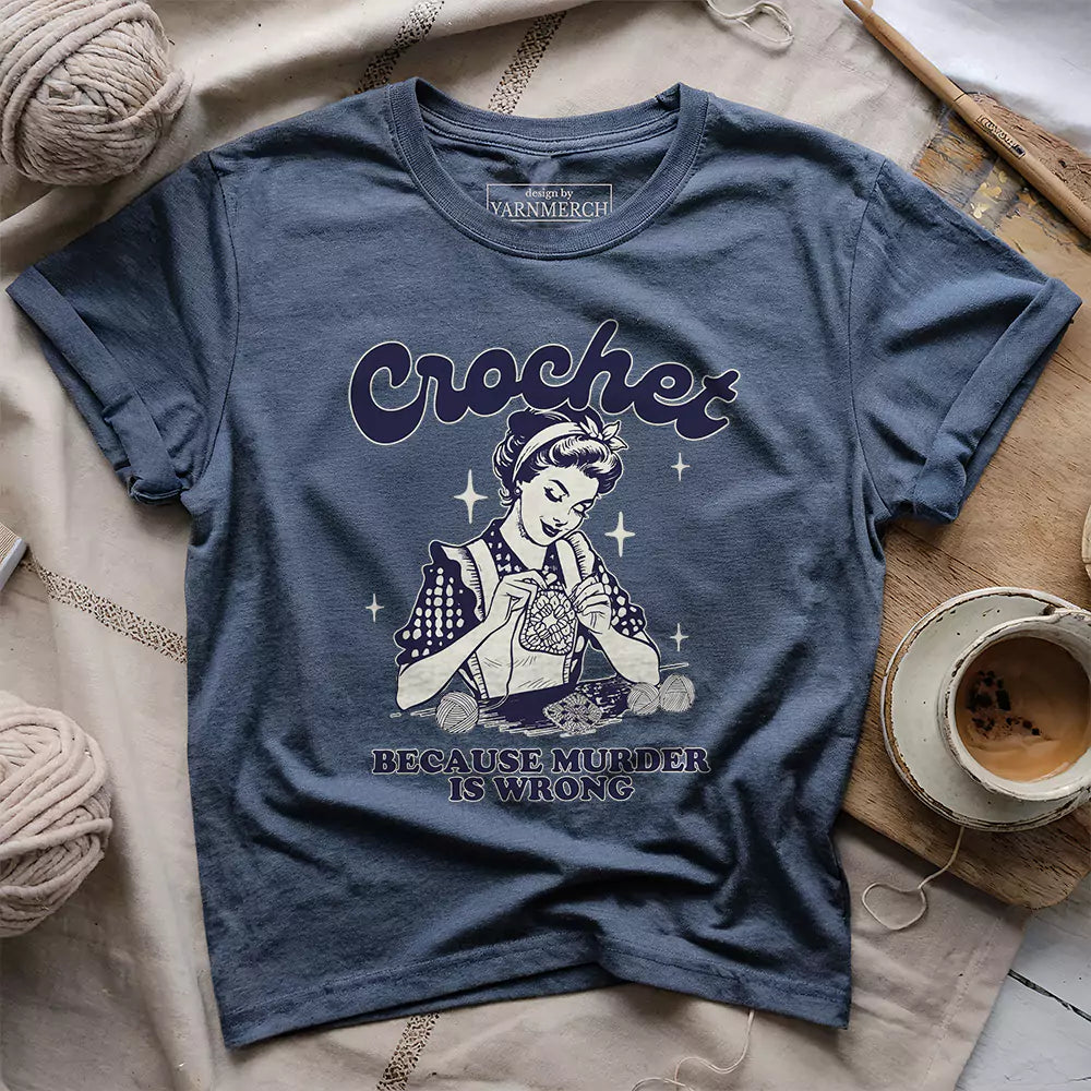 crochet not murder t shirt heather navy
