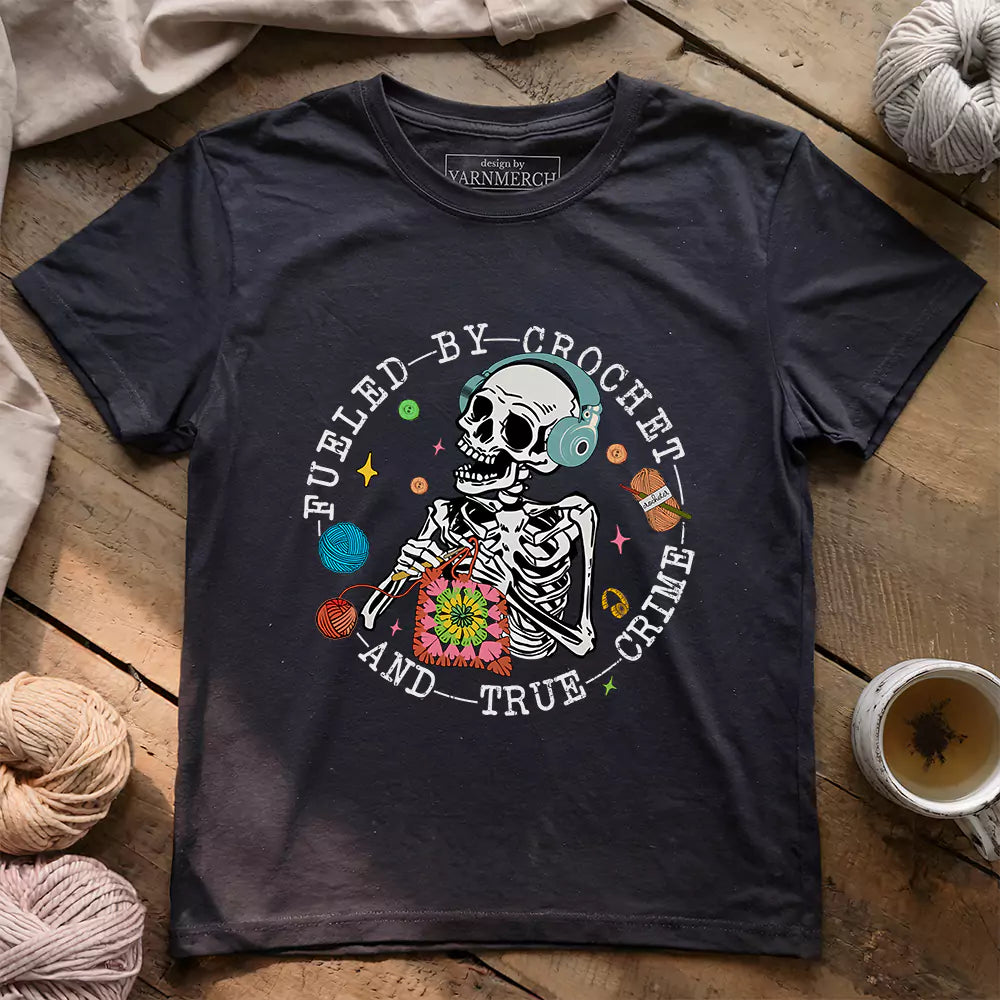 crochet true crime t shirt dark grey heather