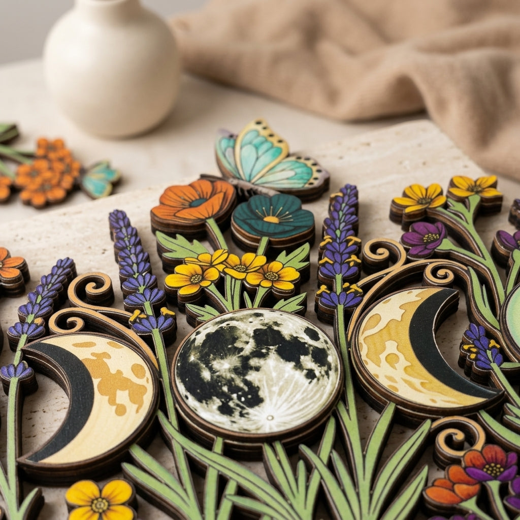 floral moon phase wall art closeup