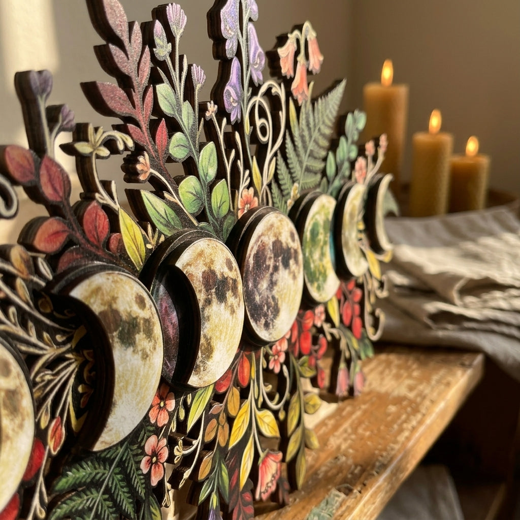 floral moon phase wooden wall art closeup