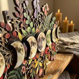 floral moon phase wooden wall art closeup