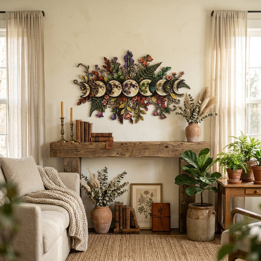 floral moon phase wooden wall art