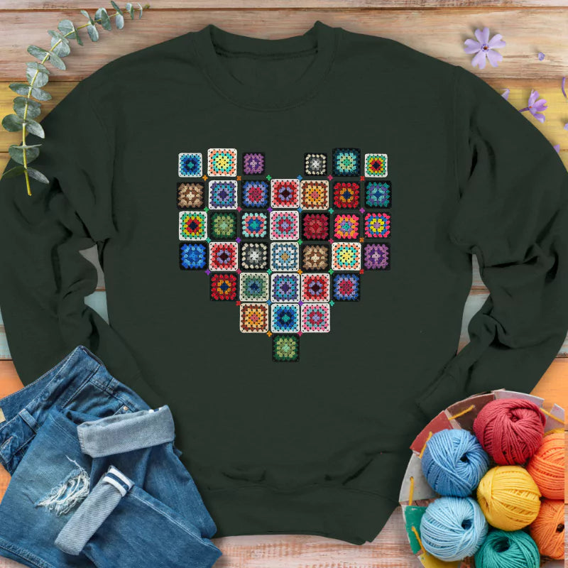 granny squares heart sweatshirt green forest