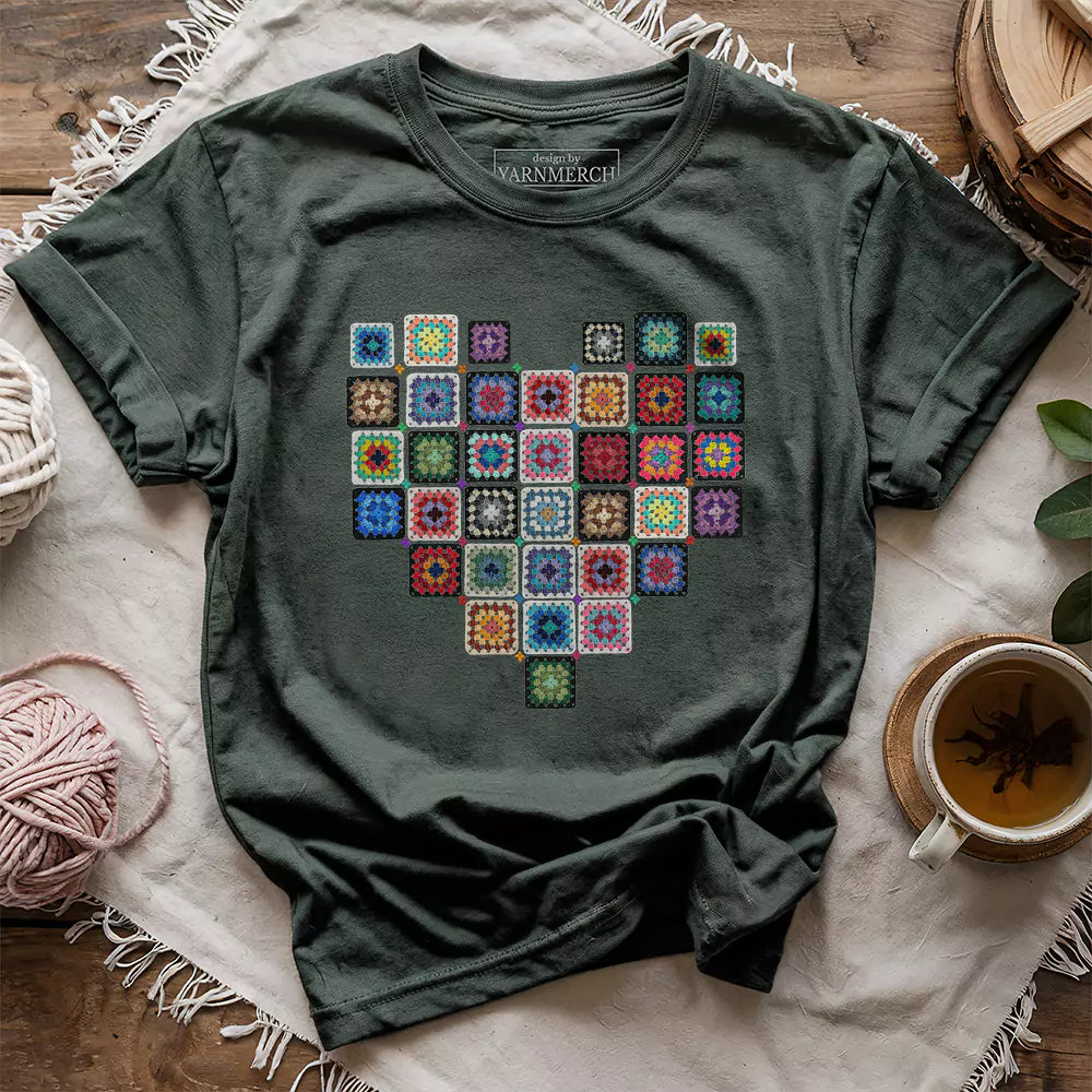 granny squares heart t shirt forest
