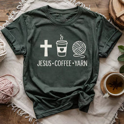 jesus coffee and yarn t shirt forest