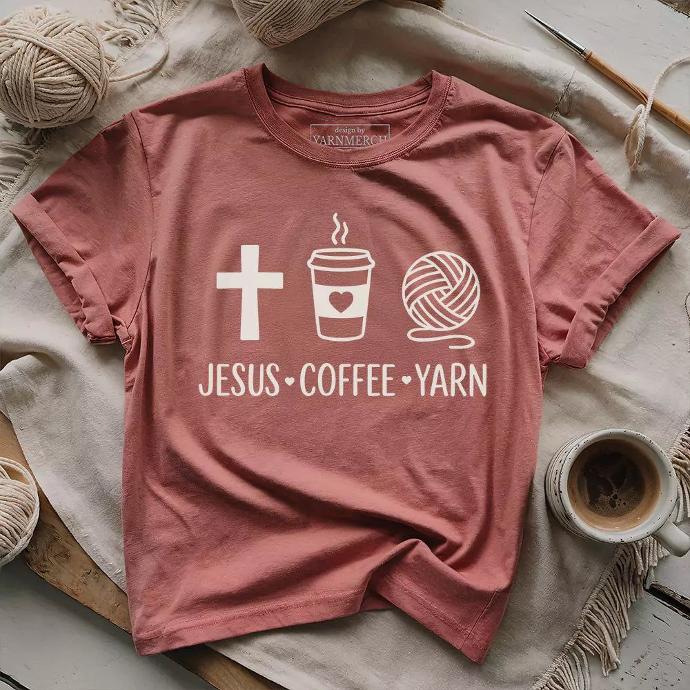 jesus coffee and yarn t shirt heather mauve