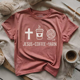 jesus coffee and yarn t shirt heather mauve