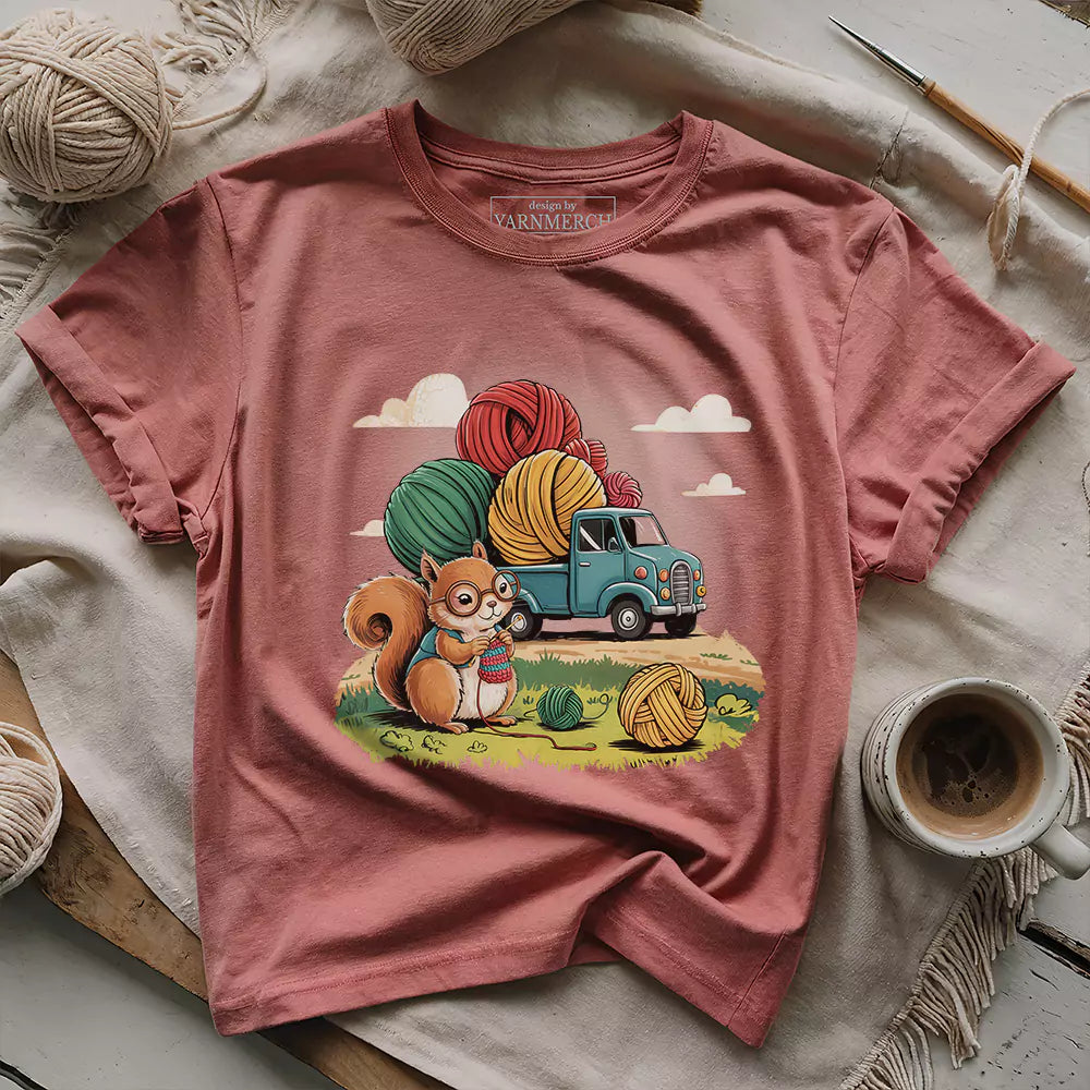 knitting squirrel t shirt heather mauve