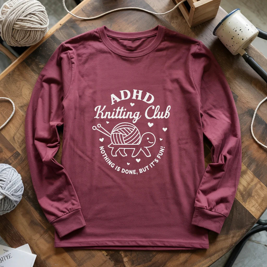 maroon ADHDKnittingClubLongSleeveT shirt