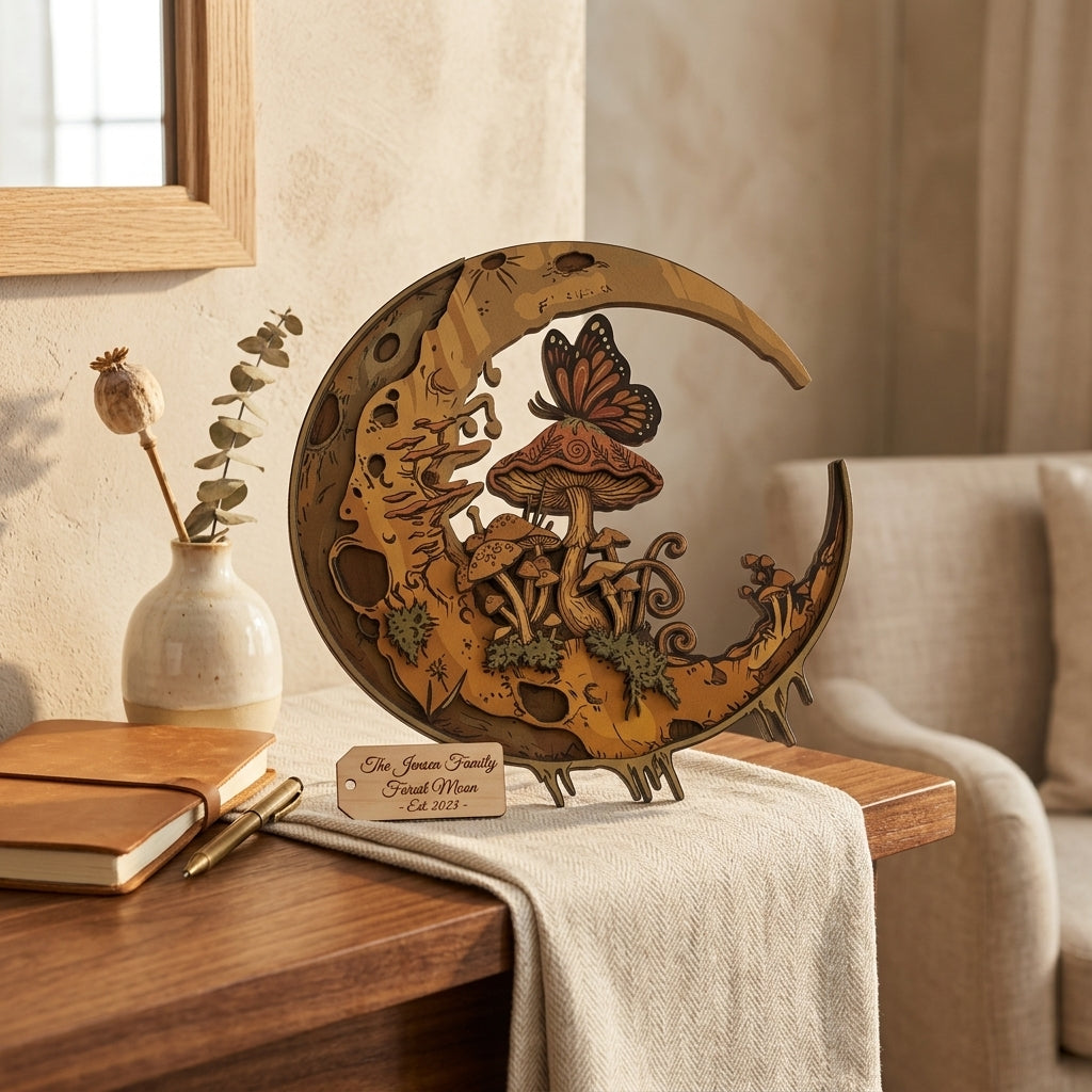 moon mushroom wooden wall art closeup