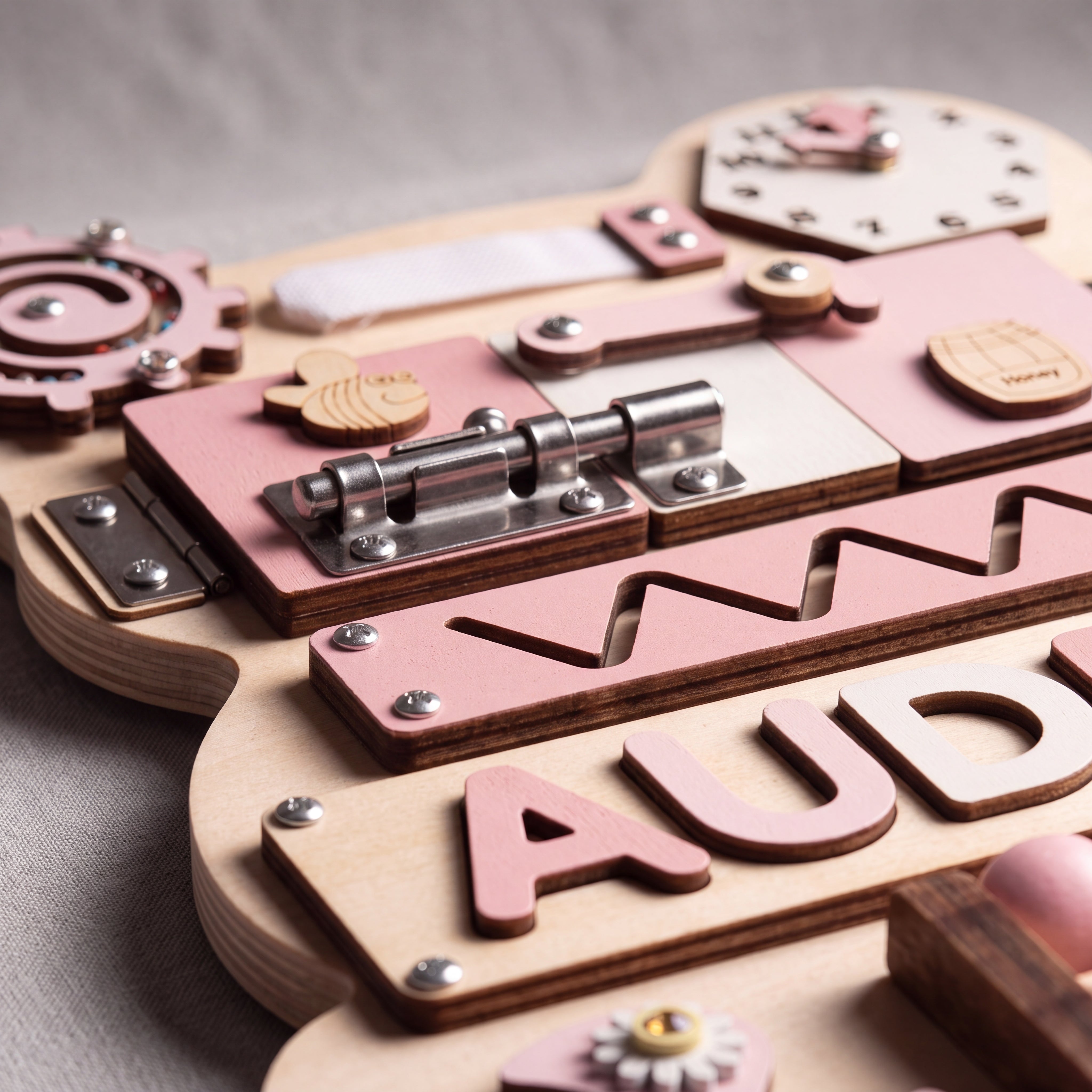 personalized bear busy board close up
