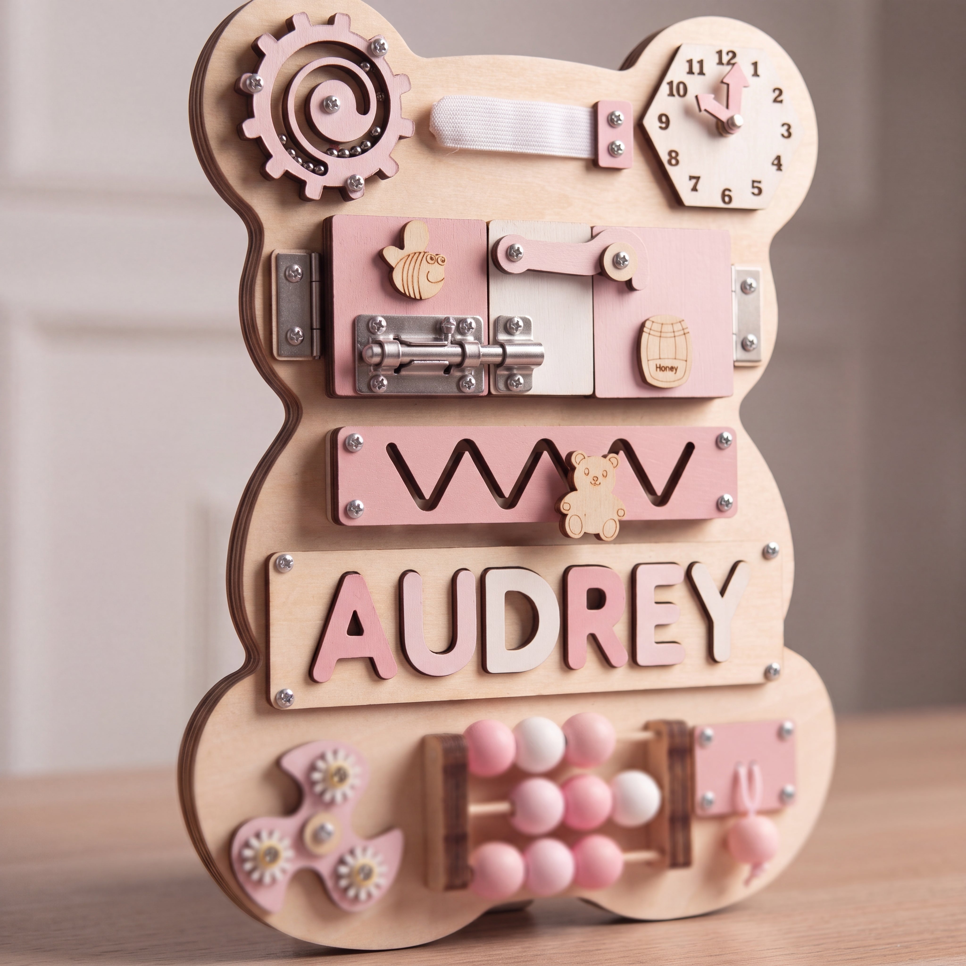 personalized bear busy board close up