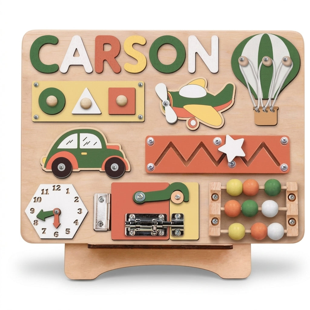 personalized montessori busy board white background