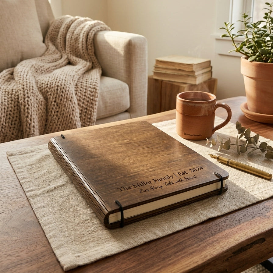personalized wooden apothecary journal closeup