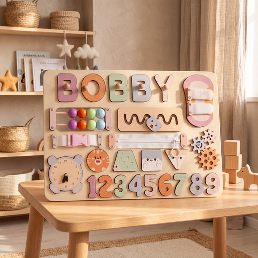 personalized wooden busy board lifestyle