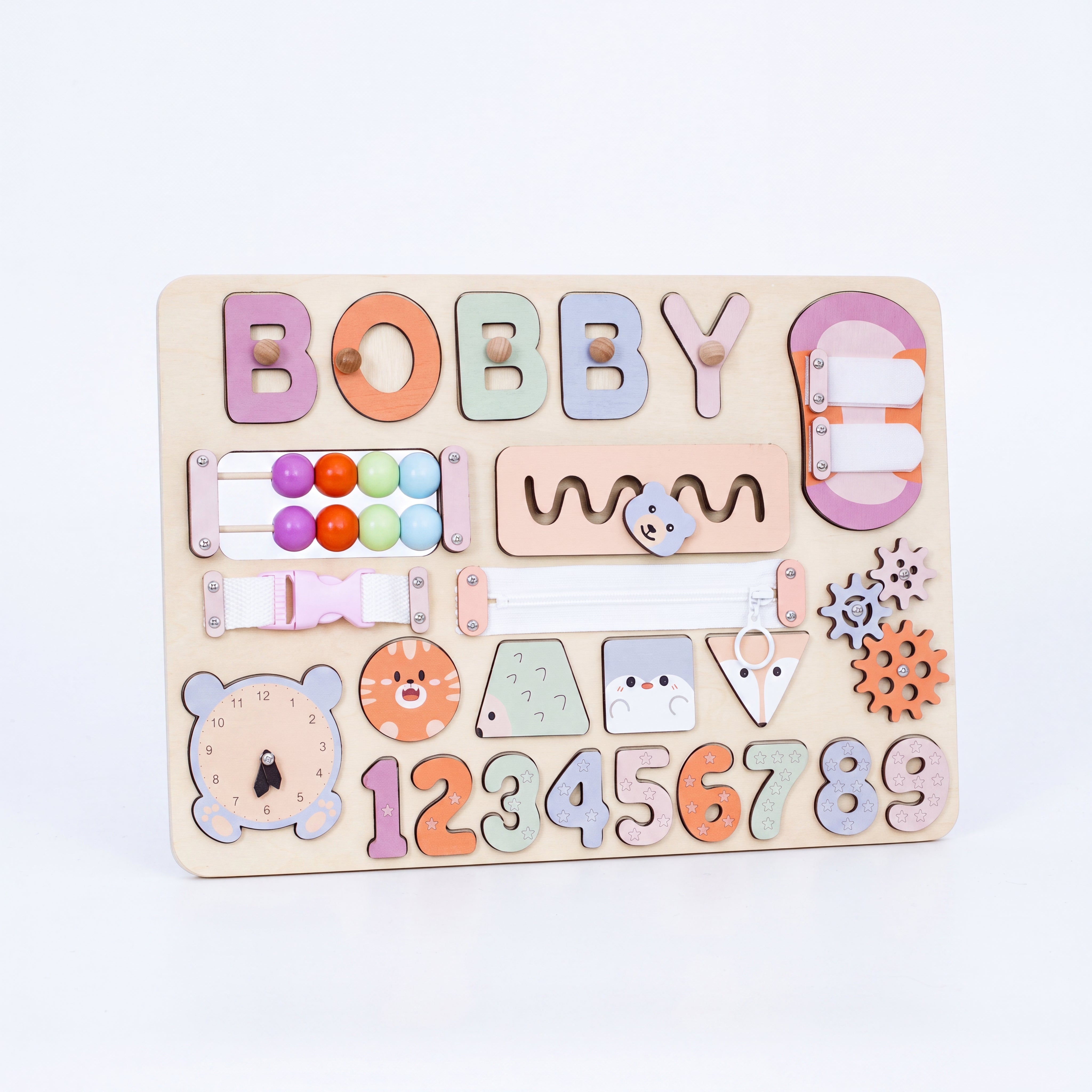 personalized wooden busy board white background