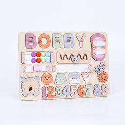 personalized wooden busy board white background
