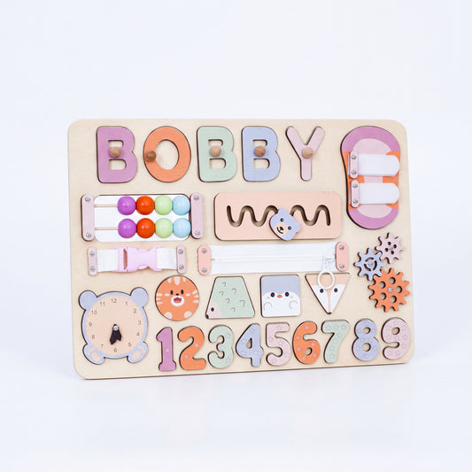 personalized wooden busy board white background
