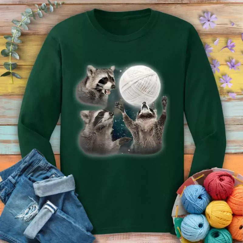 racoon and yarn ball long sleeve forest
