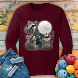 racoon and yarn ball long sleeve maroon