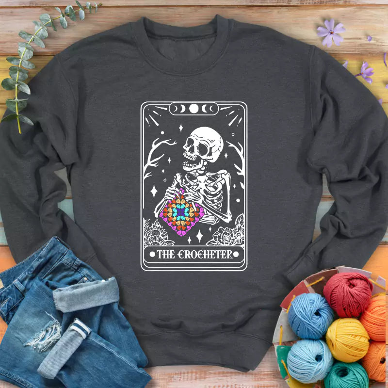 skeleton crocheter tarot sweatshirt dark heather