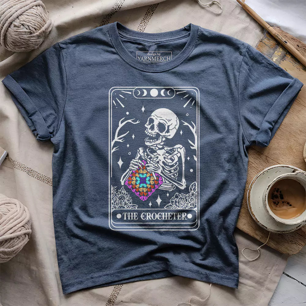 skeleton crocheter tarot t shirt heather navy