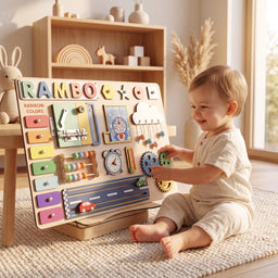 toddler playing personalized busy board montessori wooden activity board